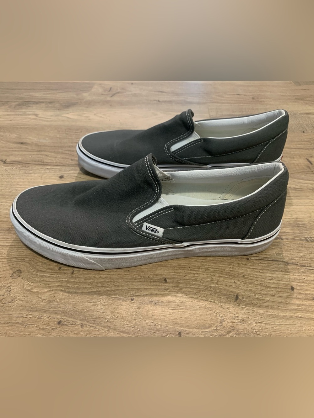 Vans Slip-On Canvas Sneakers - charcoal, black stripe with White Sole- Mens 11.5